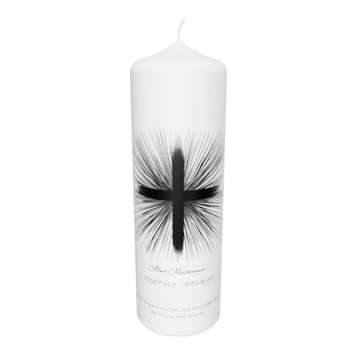 Freigestellte weiße Trauerkerze mit schwarzem Strahlenkreuz – modernes Symbol für Licht, Ewigkeit und Erinnerung.