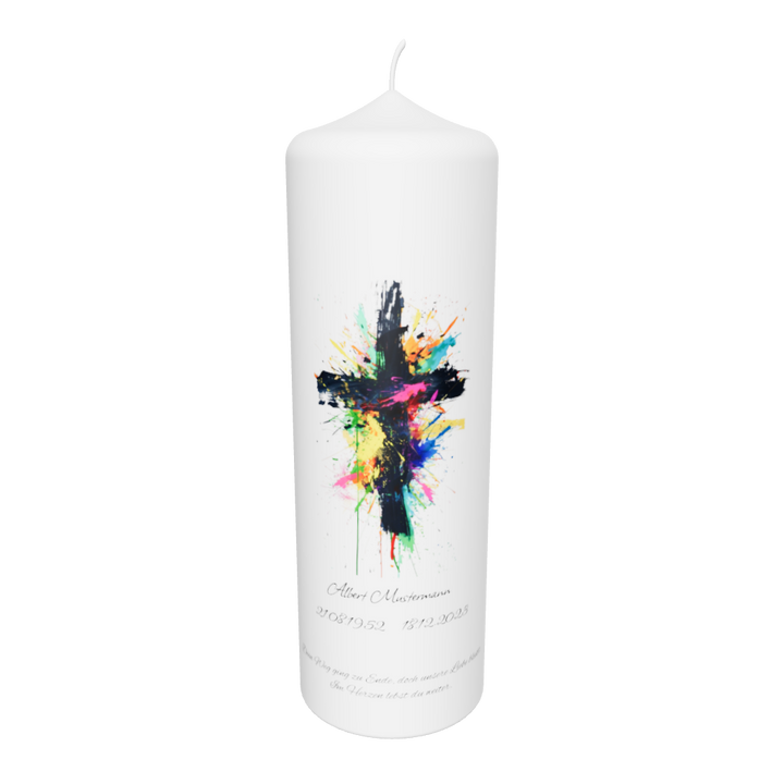 Freigestellte weiße Trauerkerze mit schwarzem Kreuz, umgeben von bunten Farbspritzern und Pinselstrichen in Blau, Rot, Gelb und Pink – Symbol für Hoffnung und Erinnerung.