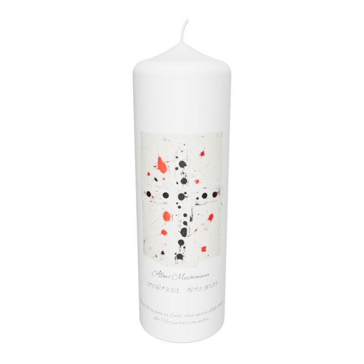 Weiße Trauerkerze mit modernem Punktkreuz in Rot, Grau und Schwarz, freigestellt auf transparentem Hintergrund – Symbol für Erinnerung und Hoffnung.