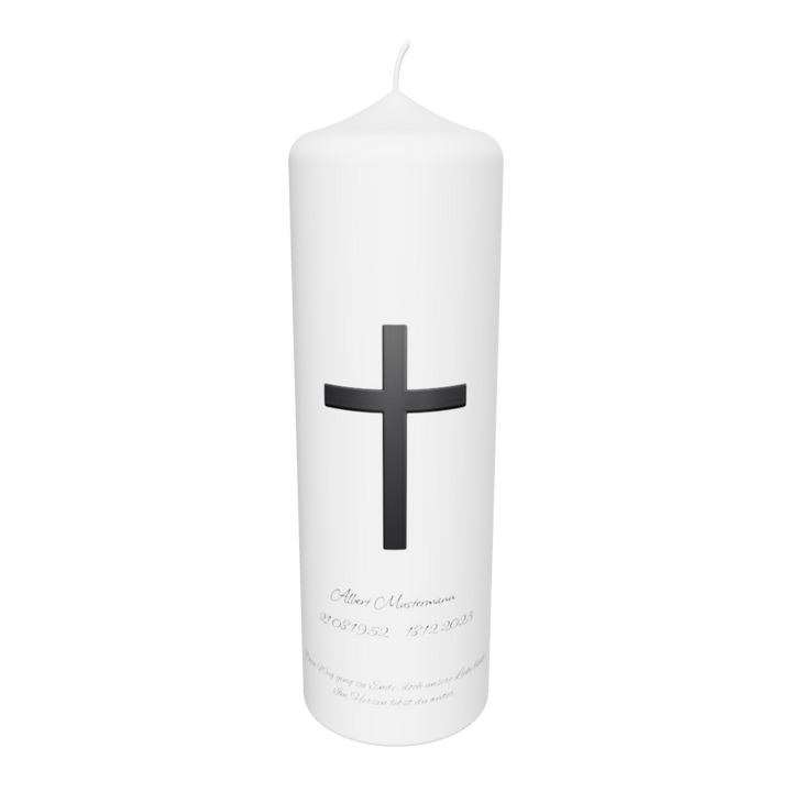 Weiße Trauerkerze mit schwarzem Kreuz, freigestellt auf transparentem Hintergrund – Symbol für Glaube, Trost und ewige Erinnerung.