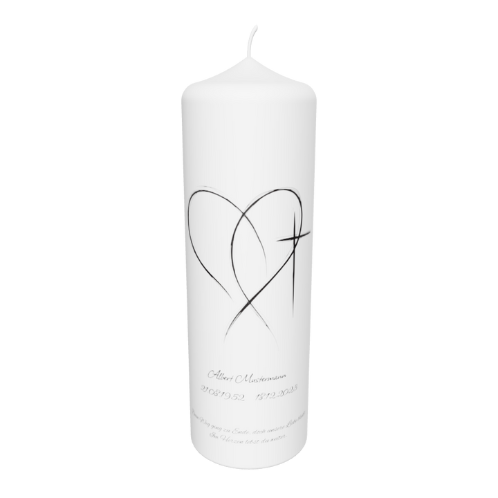 Weiße Trauerkerze mit feinem Linienmotiv aus Kreuz und Herz, freigestellt auf transparentem Hintergrund – Symbol für Liebe, Glaube und Erinnerung.