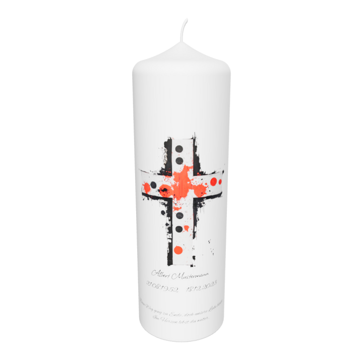 Weiße Trauerkerze mit künstlerischem Kreuz in Rot und Schwarz, freigestellt auf transparentem Hintergrund – Symbol für Liebe, Schmerz und Hoffnung.