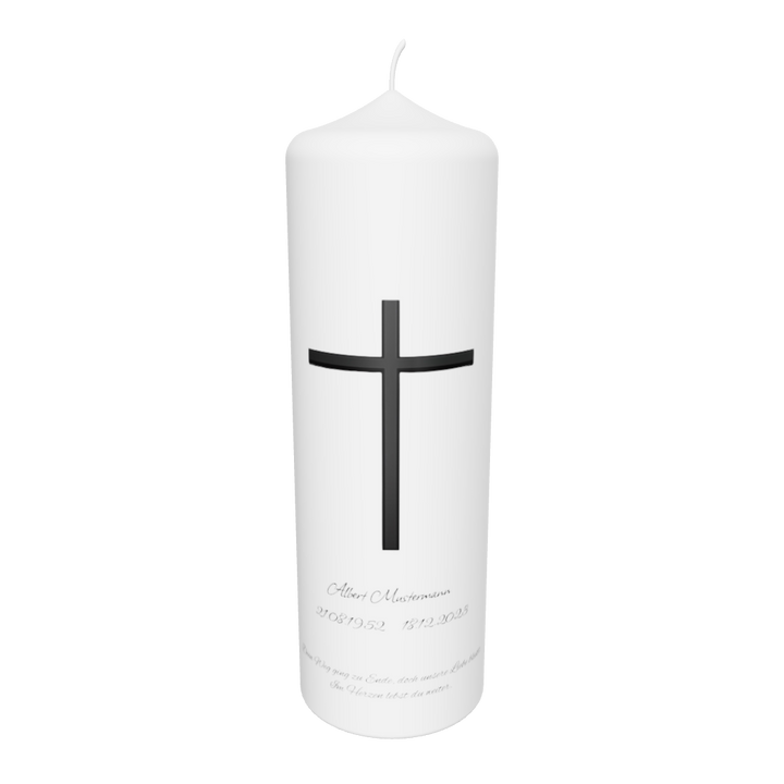 Weiße Trauerkerze mit schlichtem schwarzen Kreuz, freigestellt auf transparentem Hintergrund – Symbol für Glaube, Trost und ewige Erinnerung.