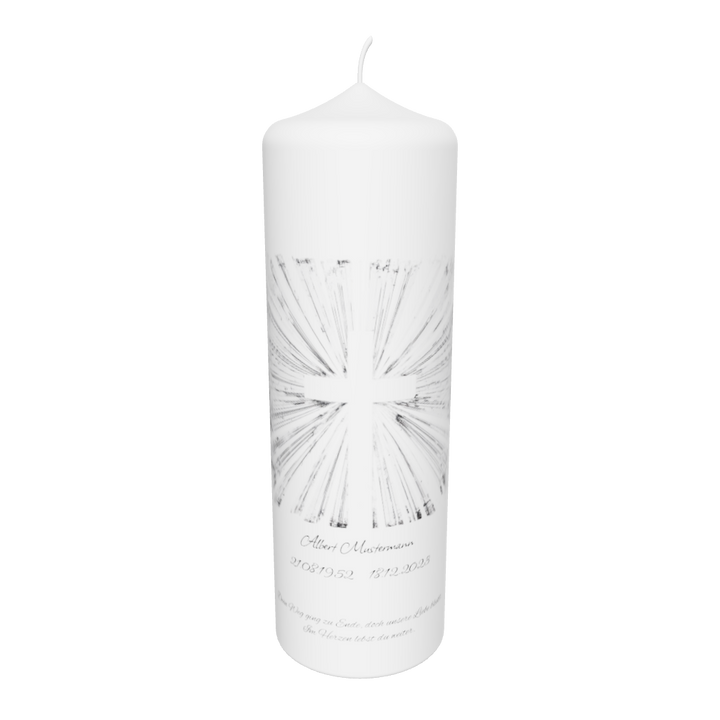 Weiße Trauerkerze mit silbernem Strahlenkreuz, freigestellt auf transparentem Hintergrund – Symbol für Licht, Hoffnung und Erinnerung.