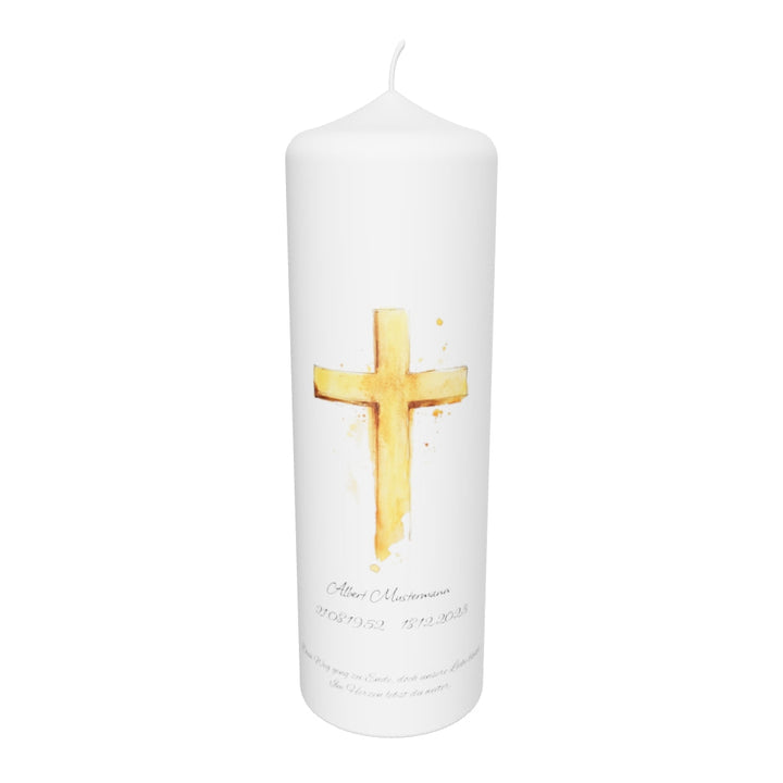 Trauerkerze „Goldenes Kreuz Aquarell“ – würdevoll, leuchtend & voller Trost