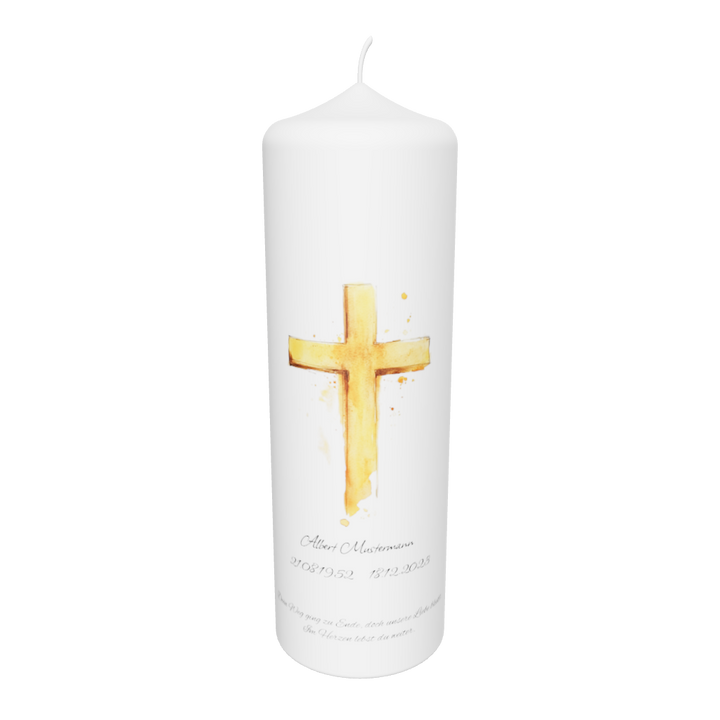 Weiße Trauerkerze mit goldenem Kreuz im Aquarellstil, Symbol für Trost, Glauben und ewige Erinnerung, freigestellt auf transparentem Hintergrund.