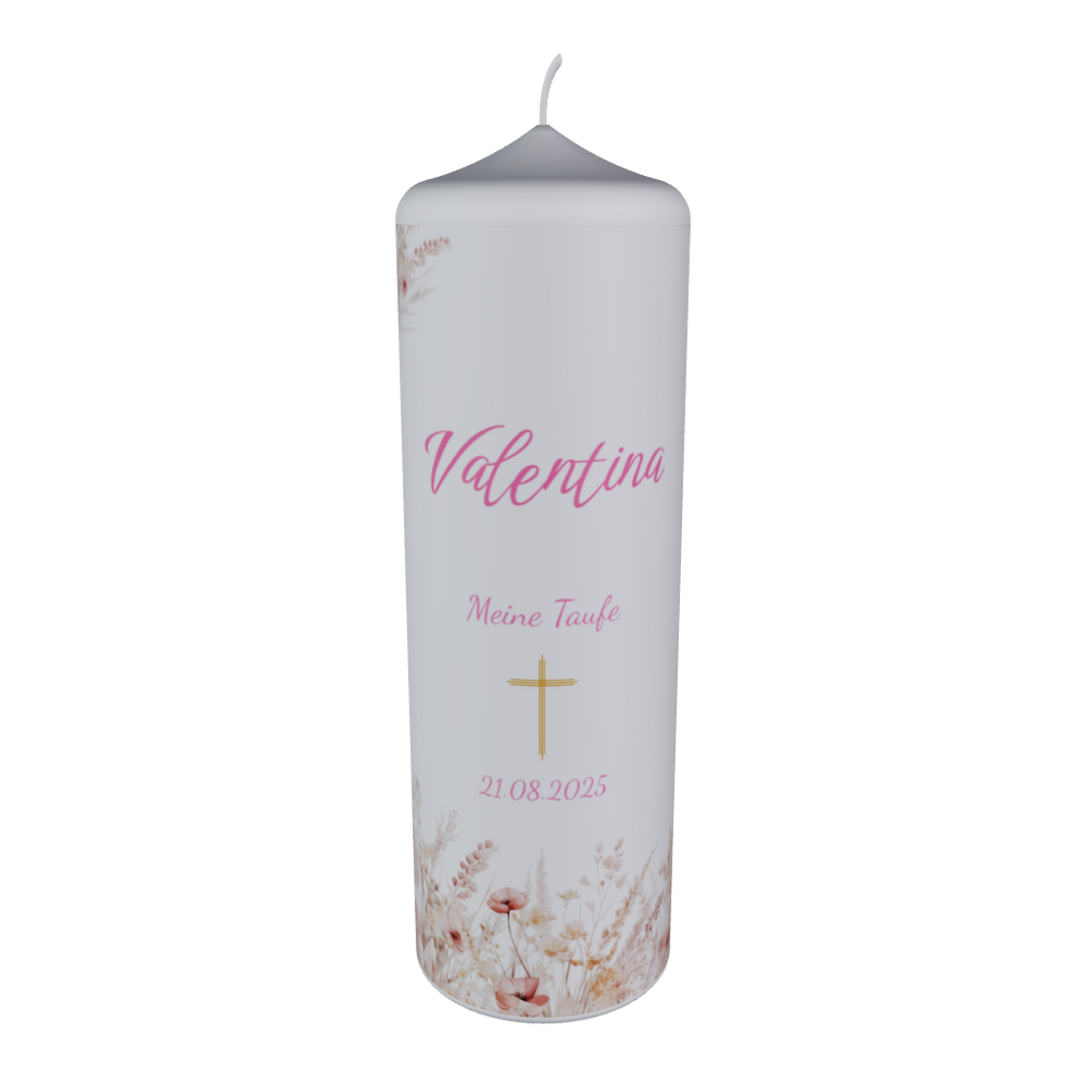 Personalisierte Taufkerze „Valentina“ mit zartem Blumendesign, Goldkreuz, Name und Taufdatum – elegantes Geschenk zur Taufe