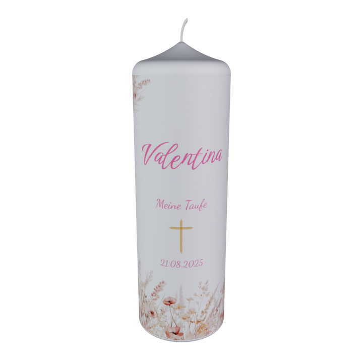 Personalisierte Taufkerze „Valentina“ mit zartem Blumendesign, Goldkreuz, Name und Taufdatum – elegantes Geschenk zur Taufe