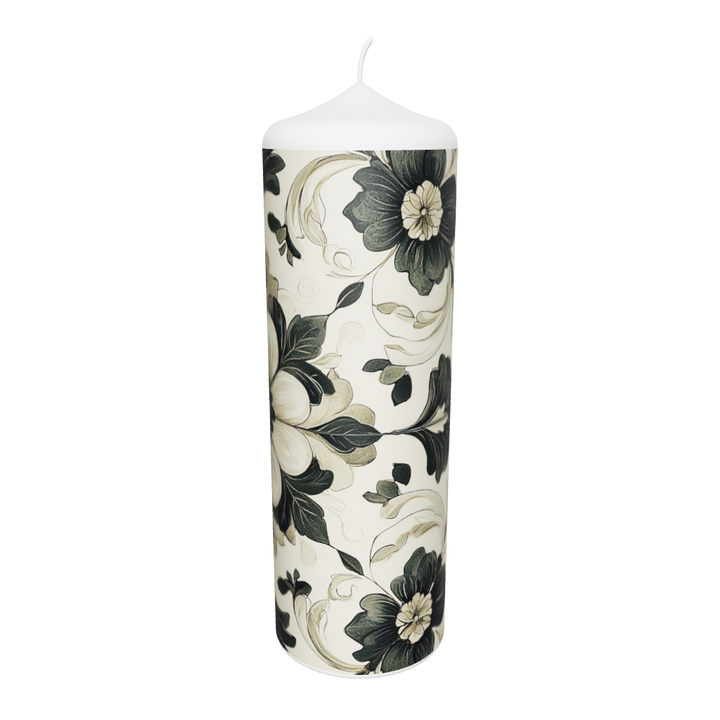 Künstlerkerze mit symmetrischem Blumenmuster in Schwarz-Weiß – stilisiertes florales Design mit klarer Struktur und ruhiger Ästhetik als 3d Ansicht.
