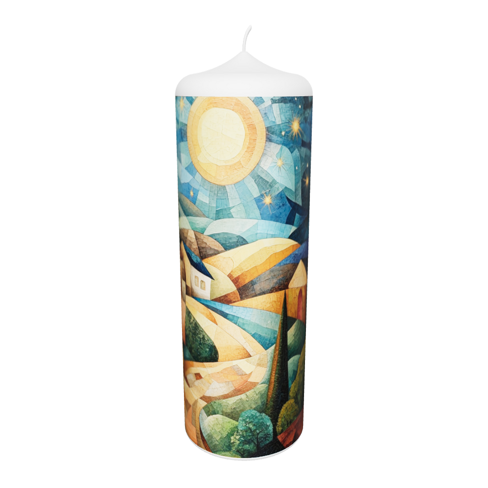 Künstlerkerze mit Symbolik von Geburt und Sternenhimmel