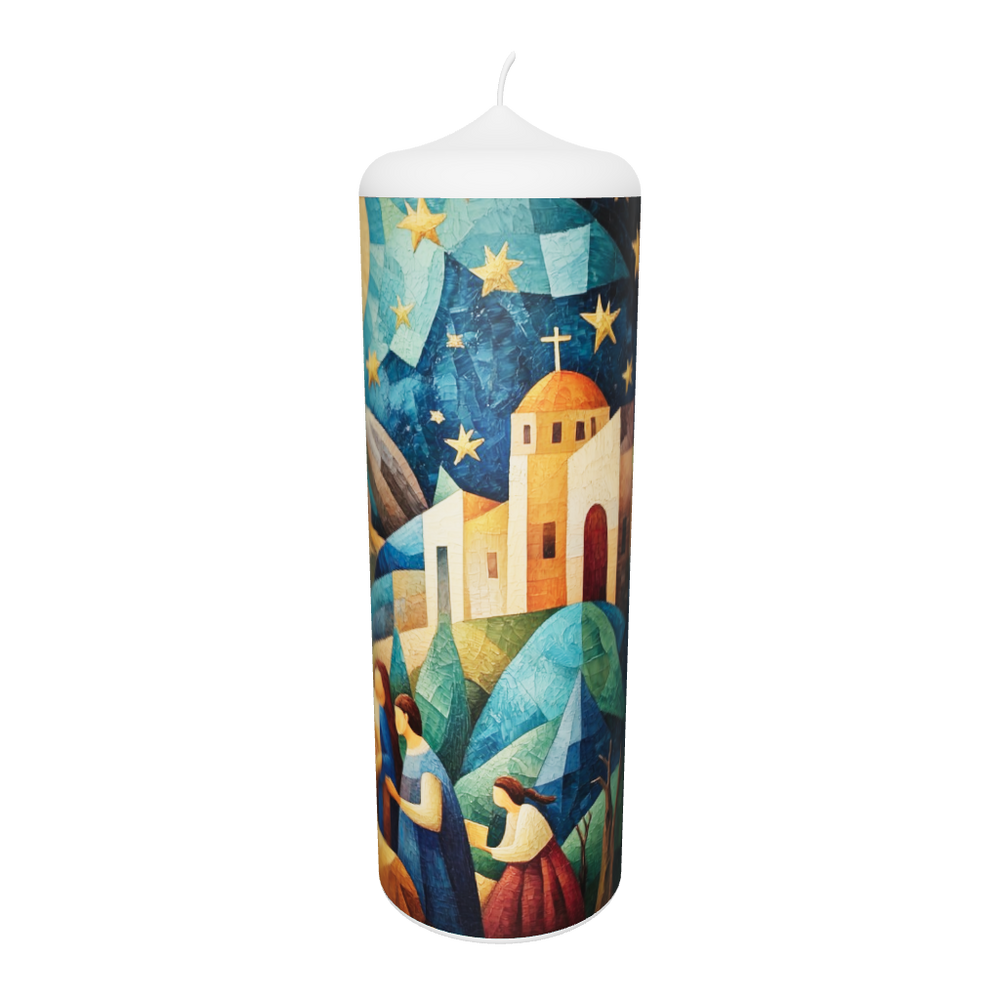 Künstlerkerze mit Weihnachtsmotiv und nächtlicher Stadtszene – stilisierte Darstellung von Bethlehem mit Sternenhimmel und warmen Farben.