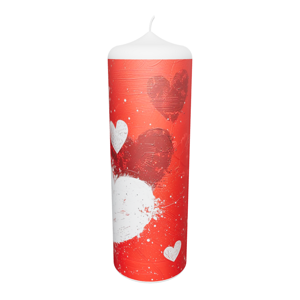 Künstlerkerze mit rotem Grund und weißen Herzen – lebendige Komposition aus Bewegung, Gefühl und Symbolik.