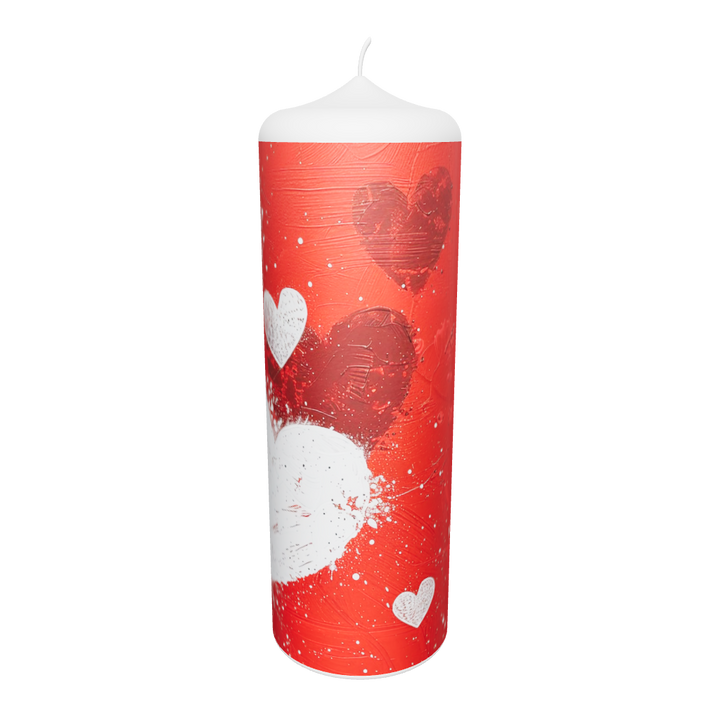 Künstlerkerze mit rotem Grund und weißen Herzen – lebendige Komposition aus Bewegung, Gefühl und Symbolik.
