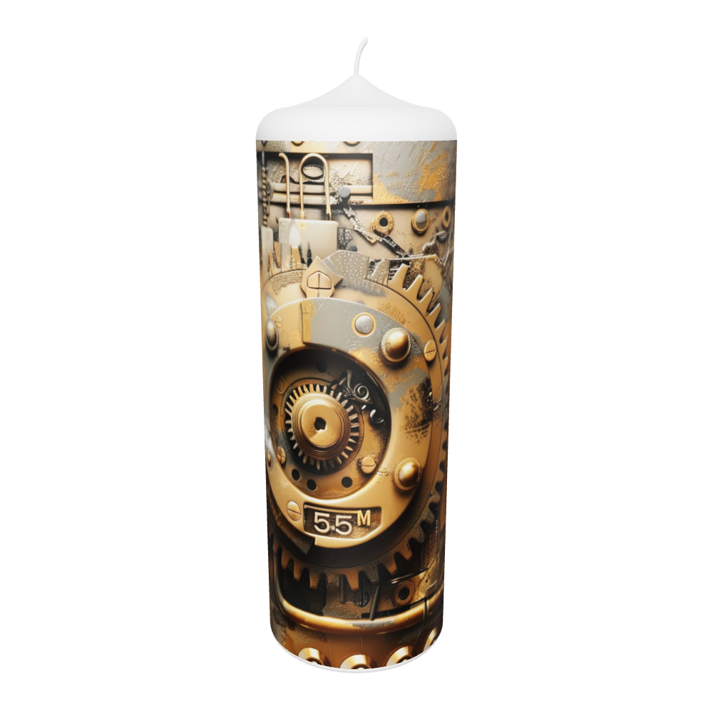Künstlerkerze mit Zahnradmotiv und antiker Uhr