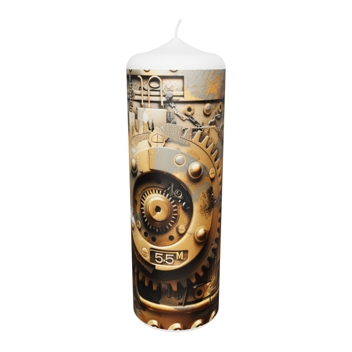 Künstlerkerze mit Zahnradmotiv und antiker Uhr