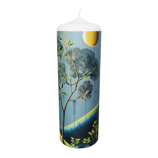 Künstlerkerze mit mystischem Waldmotiv und träumerischer Lichtstimmung