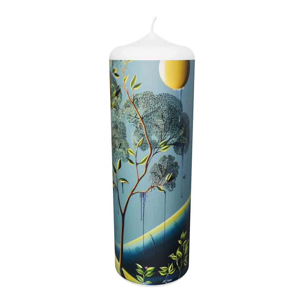 Künstlerkerze mit mystischem Waldmotiv und träumerischer Lichtstimmung