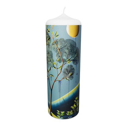 Künstlerkerze mit mystischem Waldmotiv und träumerischer Lichtstimmung