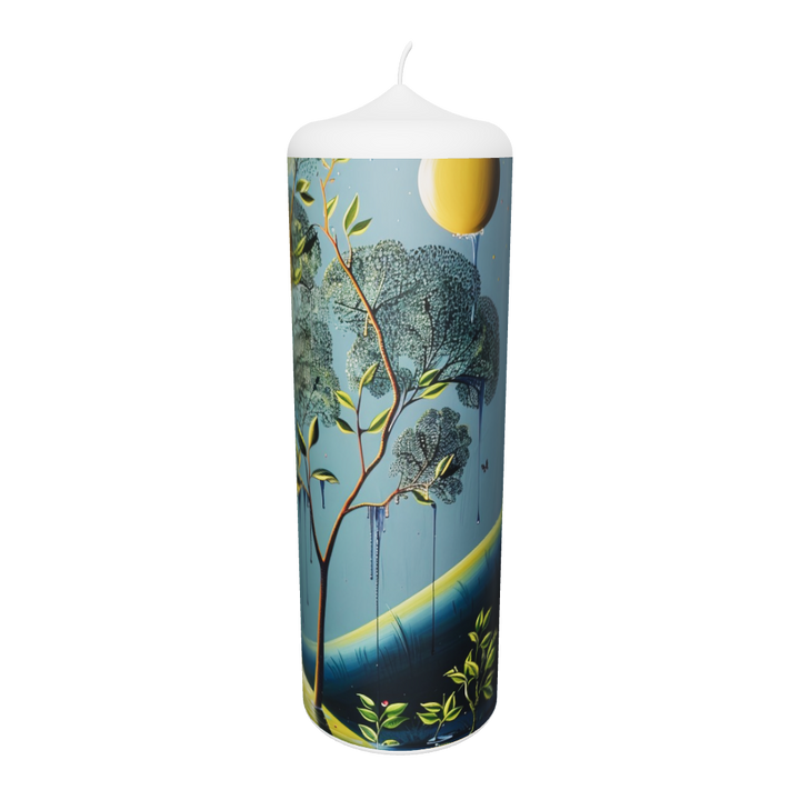 Künstlerkerze mit mystischem Waldmotiv und träumerischer Lichtstimmung