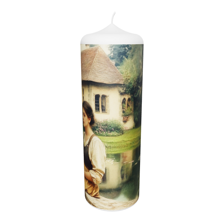 Künstlerkerze mit ruhiger Seeszenerie und reflektierendem Wasser