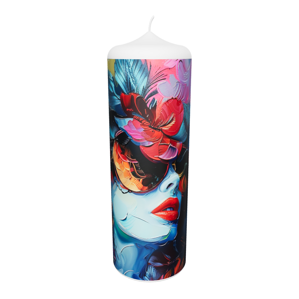 Künstlerkerze mit abstrakter Frauenfigur in Blau- und Rottönen, kombiniert mit floralen Formen.