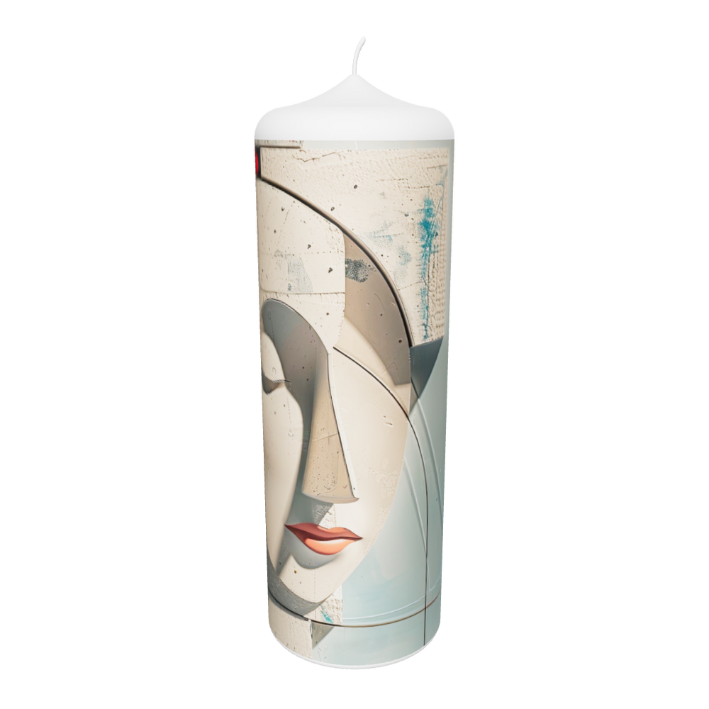 Künstlerkerze mit Planetenmotiv und stilisierter, nachdenklicher Figur in Beigetönen.