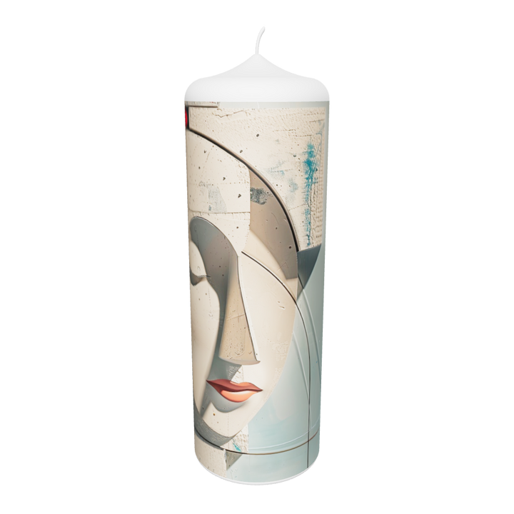 Künstlerkerze mit Planetenmotiv und stilisierter, nachdenklicher Figur in Beigetönen.