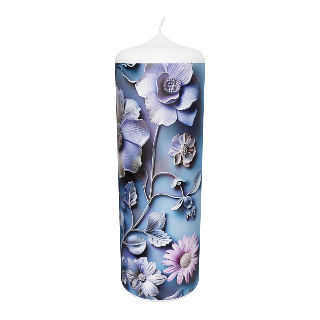 Künstlerkerze mit Blumenmuster in kräftigen Farben auf dunklem Hintergrund