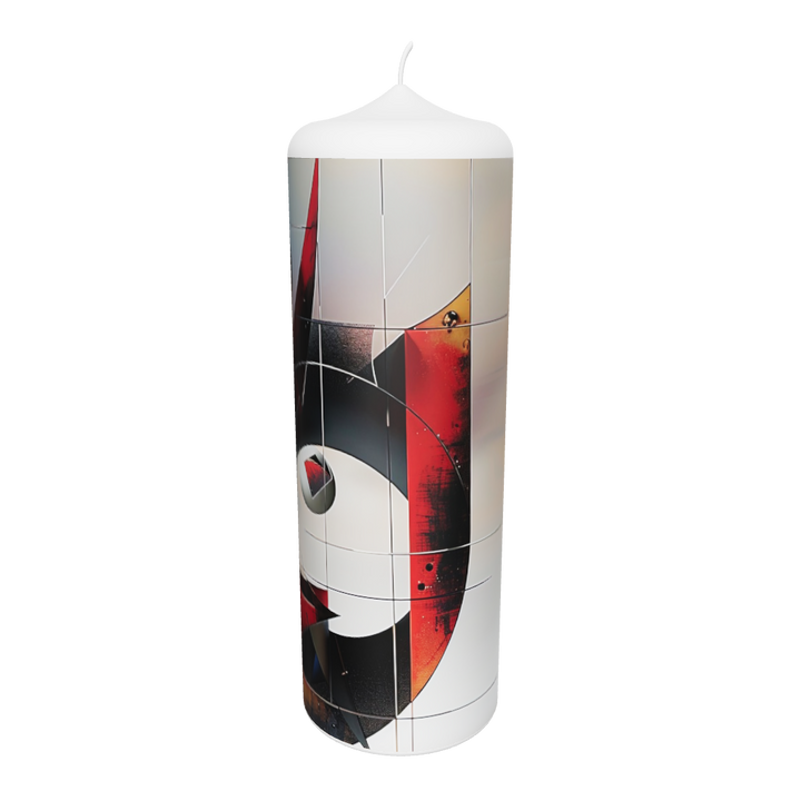 Künstlerkerze mit farbigem Wirbelmuster und geometrischem Bewegungseffekt.