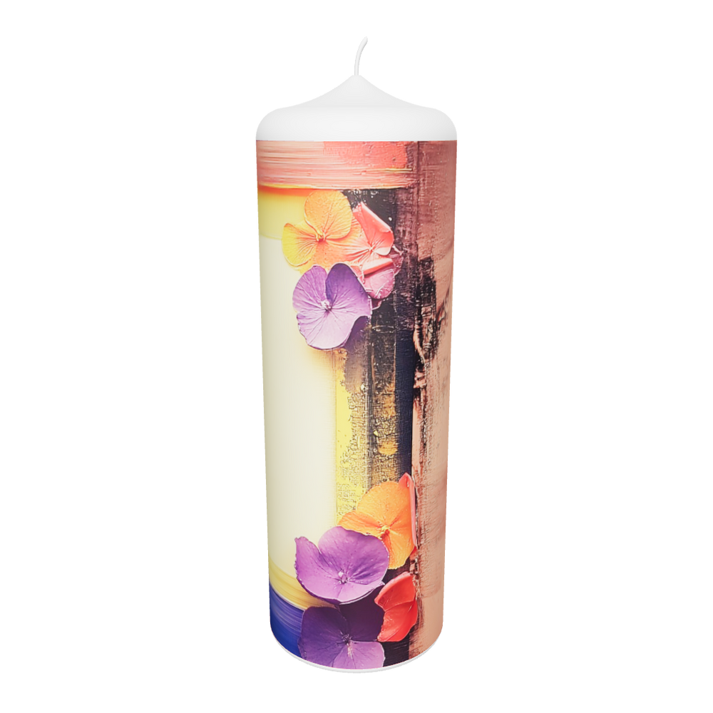 Künstlerkerze mit Blumen und Porträt im barocken Rahmenstil