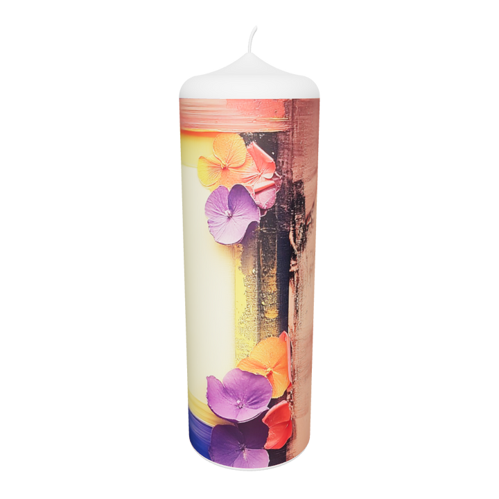 Künstlerkerze mit Blumen und Porträt im barocken Rahmenstil