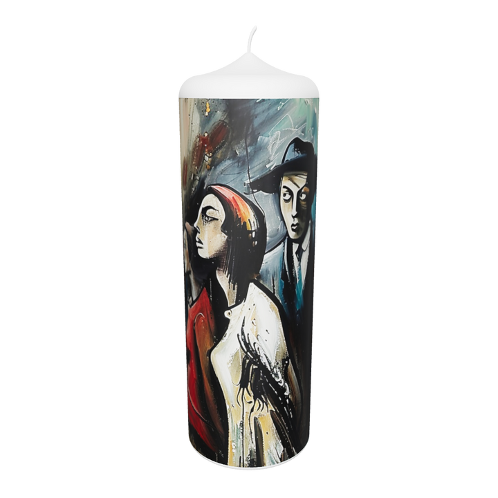 Künstlerkerze mit Szenen aus Alltag und klassischer Malerei.
