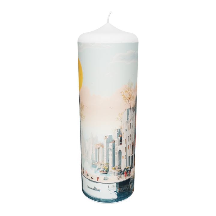 Künstlerkerze mit urbanem Motiv, beleuchteten Hausfassaden und Reflexion.