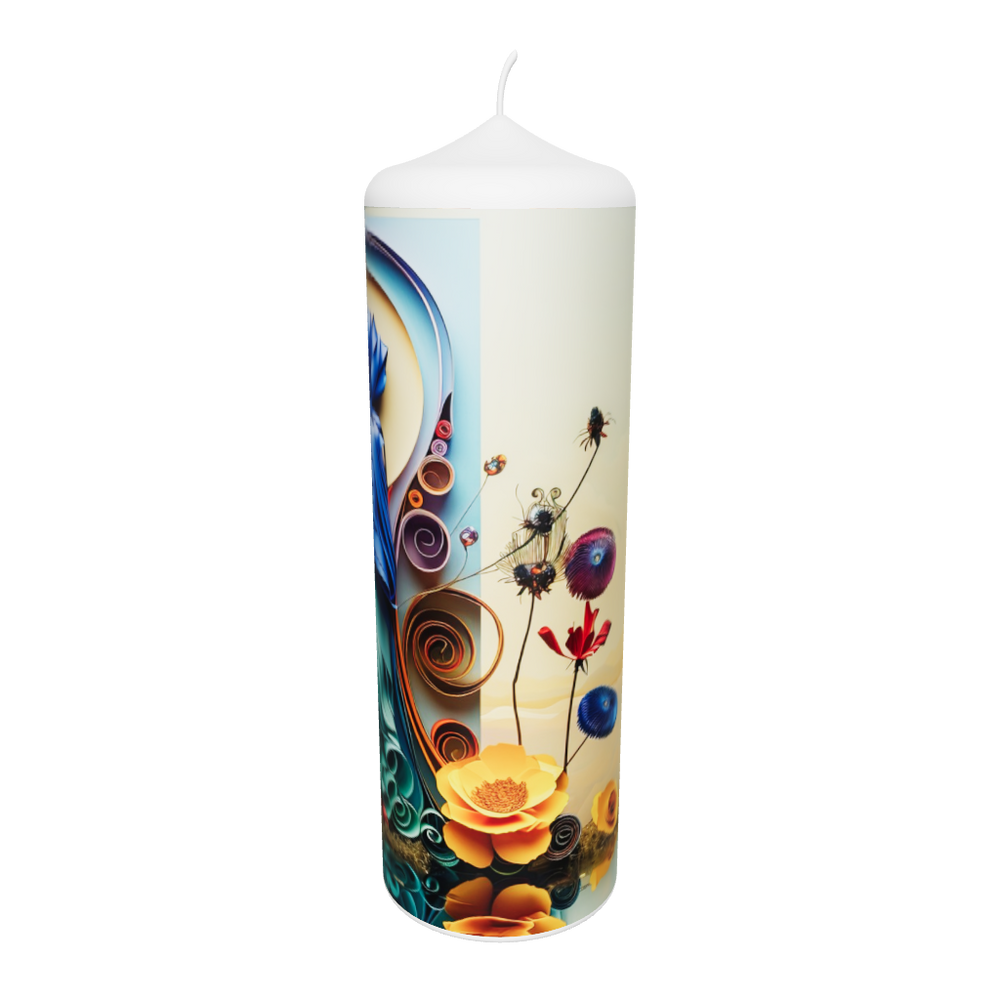 Künstlerkerze mit Blumenmotiv und weiblicher Figur in leuchtenden Farben