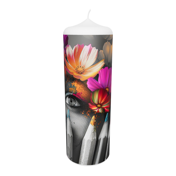 Künstlerkerze mit floralen, impressionistischen Farbflächen
