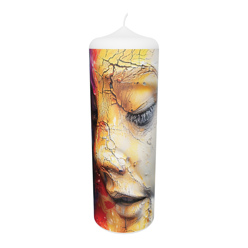 Künstlerkerze mit figürlichem Motiv in fließenden Farbstrukturen und goldener Tiefe.