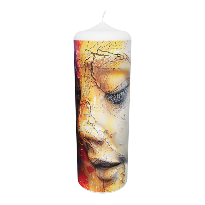 Künstlerkerze mit figürlichem Motiv in fließenden Farbstrukturen und goldener Tiefe.
