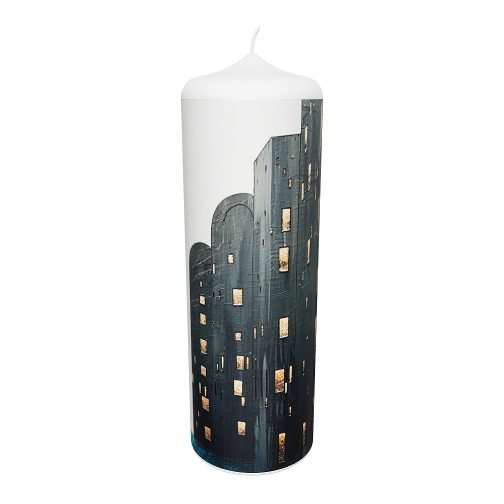 Künstlerkerze mit minimalistischem Motiv und weißen Lichtpunkten