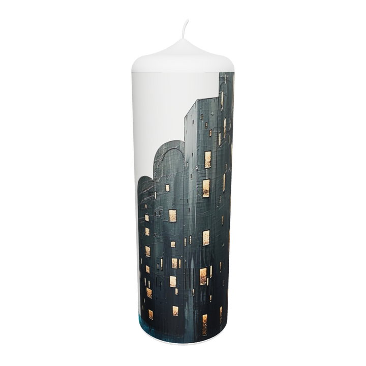 Künstlerkerze mit minimalistischem Motiv und weißen Lichtpunkten