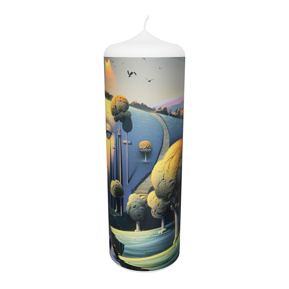 Künstlerkerze mit geteiltem Porträt, surrealer Landschaft und goldener Spiegelung.