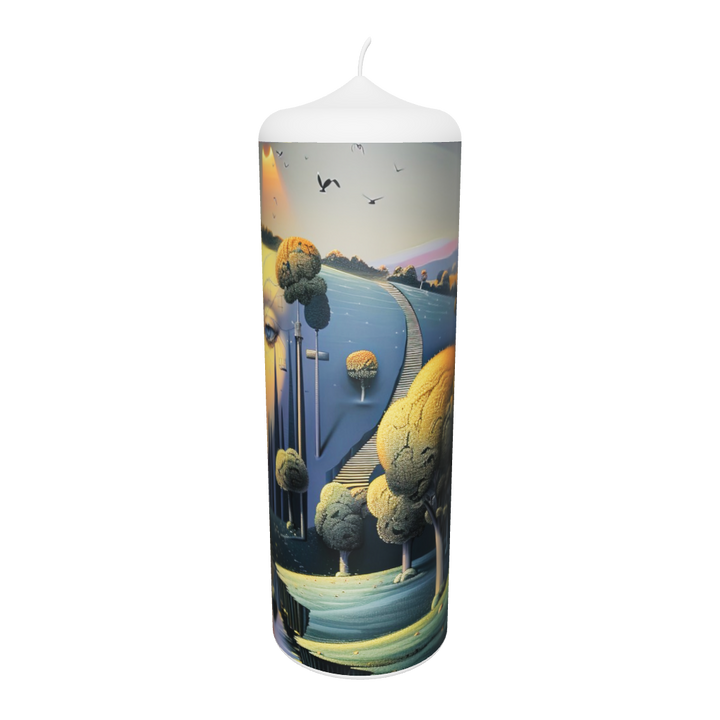 Künstlerkerze mit geteiltem Porträt, surrealer Landschaft und goldener Spiegelung.