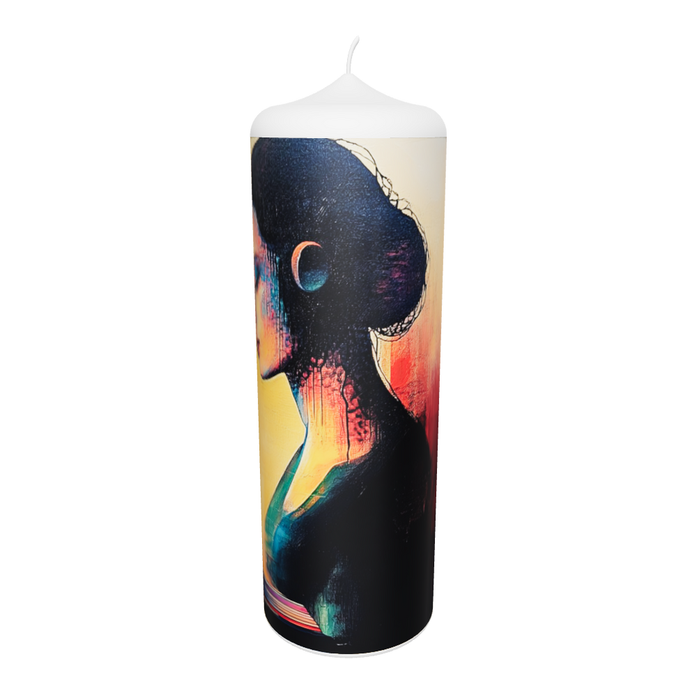 Künstlerkerze mit Frau im Farbverlauf aus Gelb, Rosa und Violett, in ruhiger Haltung.