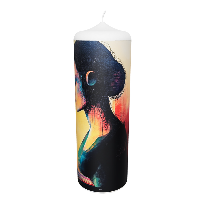 Künstlerkerze mit Frau im Farbverlauf aus Gelb, Rosa und Violett, in ruhiger Haltung.
