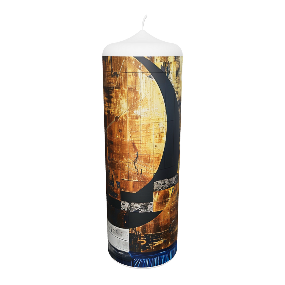Künstlerkerze mit goldener Zeitspirale und dunkler Raumtiefe