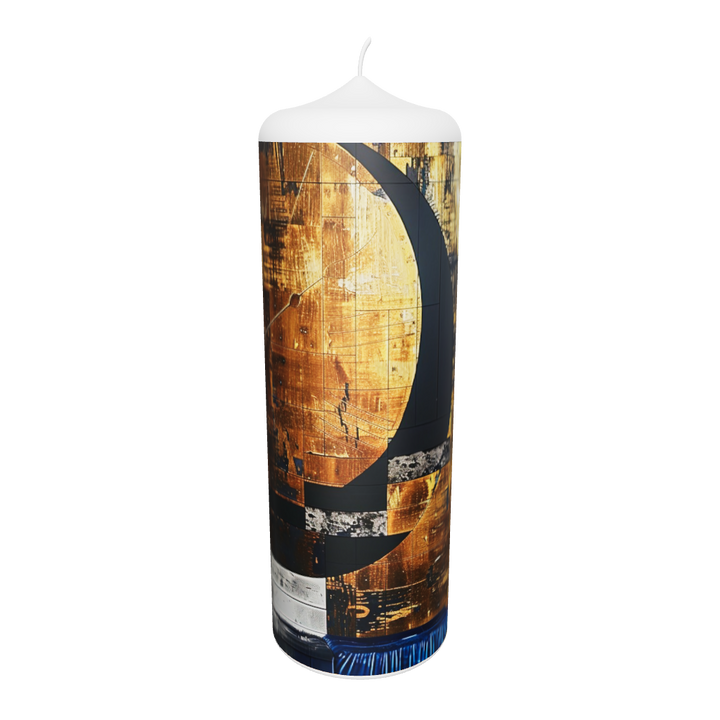 Künstlerkerze mit goldener Zeitspirale und dunkler Raumtiefe