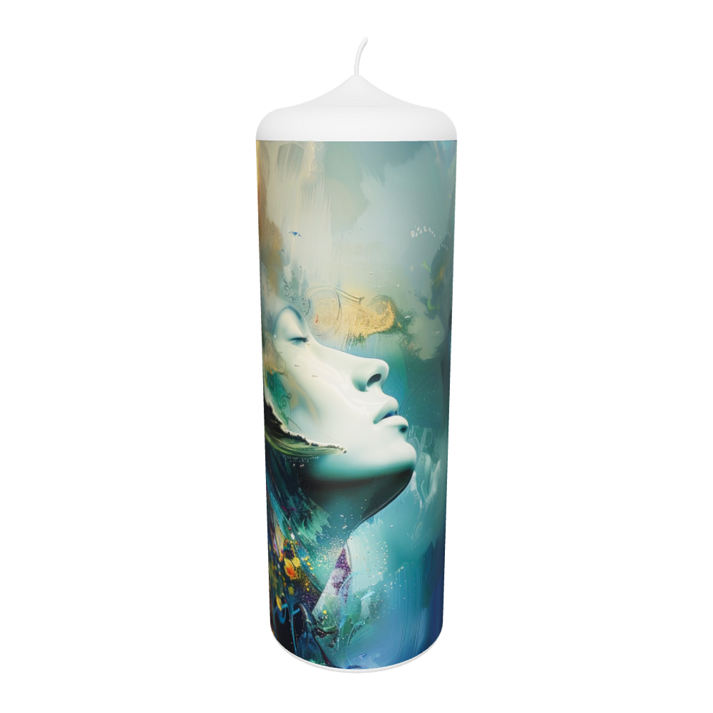 Künstlerkerze mit weiblichem Profil, Unterwassertraum und sanften Blautönen.