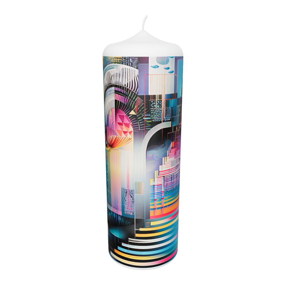 Künstlerkerze mit geometrisch aufgebautem Porträt in leuchtenden Farbflächen.