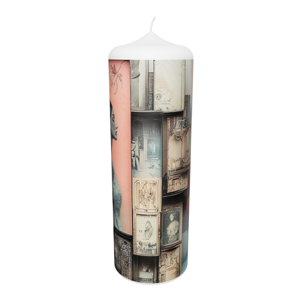 Künstlerkerze mit zwei Porträts und gealterten Rahmenmotiven in sanfter Farbgebung.