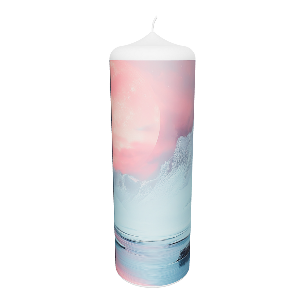 Künstlerkerze mit weiblicher Silhouette vor kosmischem Himmel in Rosa und Blau.