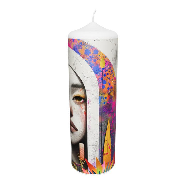 Künstlerkerze mit fragmentiertem Porträt, umrahmt von floralen und grafischen Mustern.